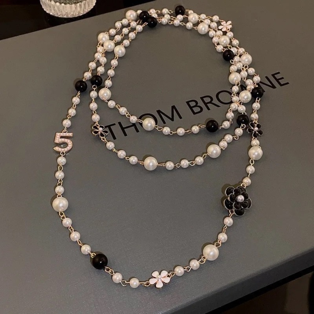 New Pearl Camellia Number5 Flower Double Long Necklace - Picture 14 of 17